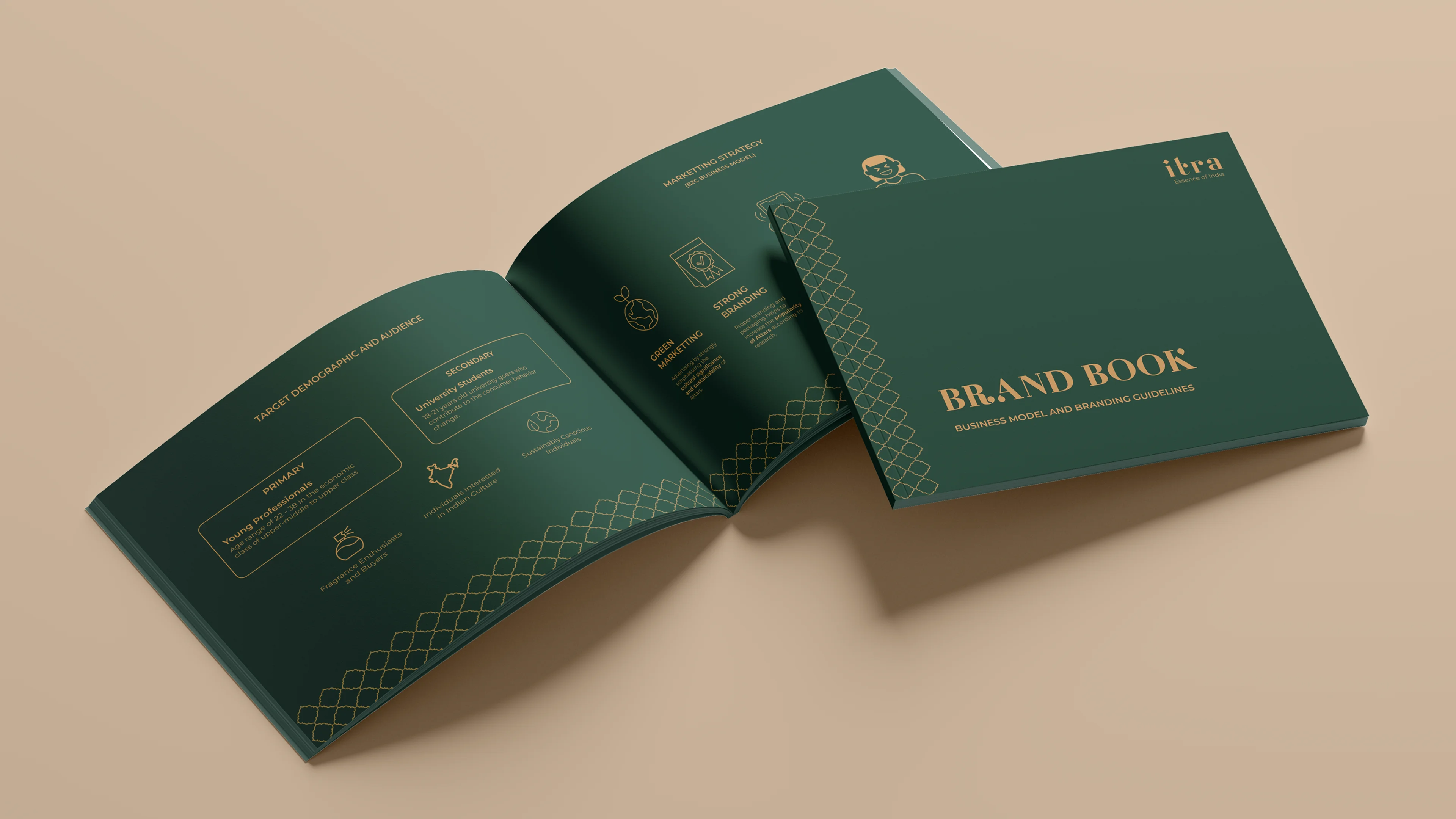 Itra brand book cover reading Brand Book — Business Model and Branding Guidelines, with open interior spread showing target demographic and marketing strategy in forest green and gold