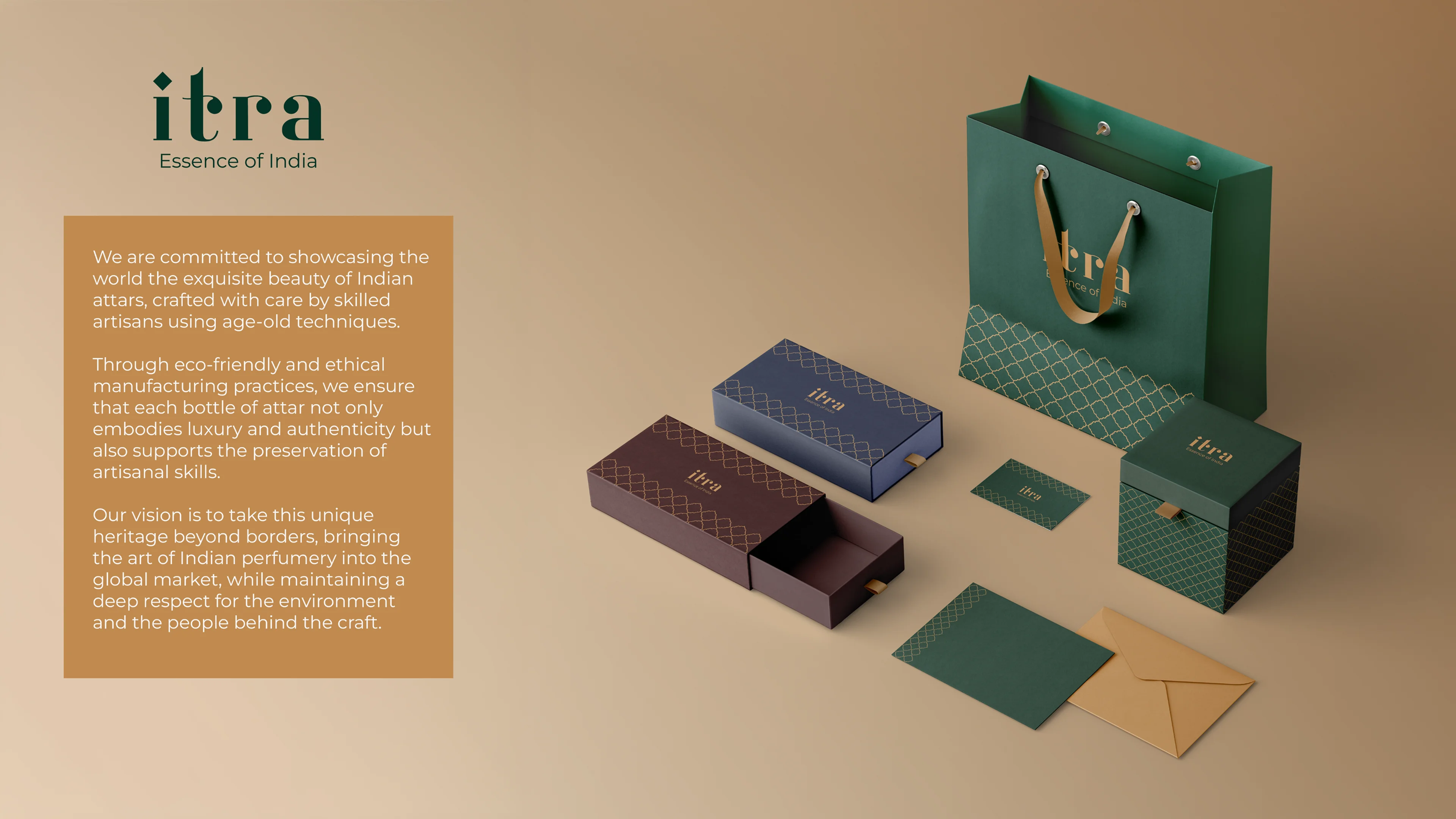 Itra packaging spread on sand background showing green shopping bag, navy and maroon drawer boxes, gift card, forest green gift box, and kraft envelope with the brand mission text on the left