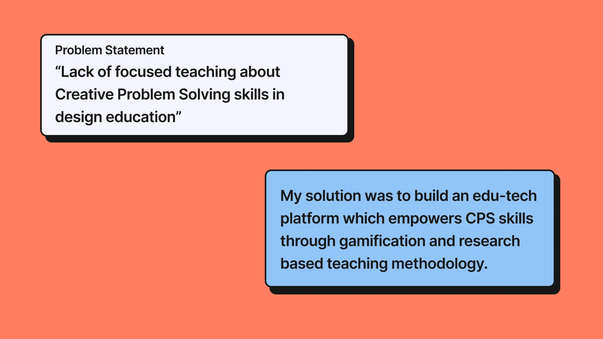 Two summary cards — problem statement: lack of focused CPS teaching in design education; solution: a gamified edu-tech platform built on research-based teaching methodology