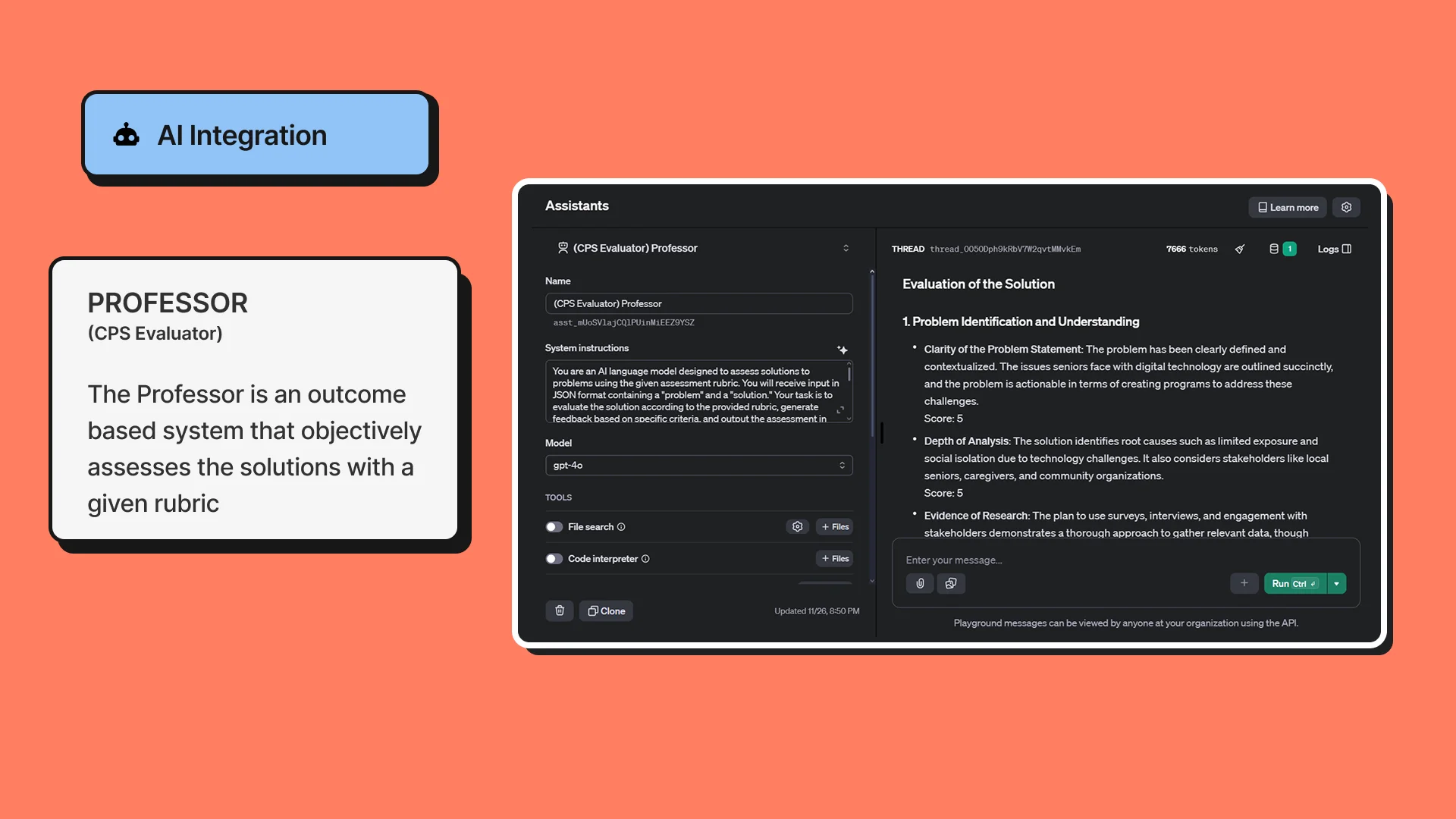 OpenAI Assistants playground showing the Professor AI configuration panel and live rubric-based evaluation output assessing problem identification, depth of analysis, and evidence of research