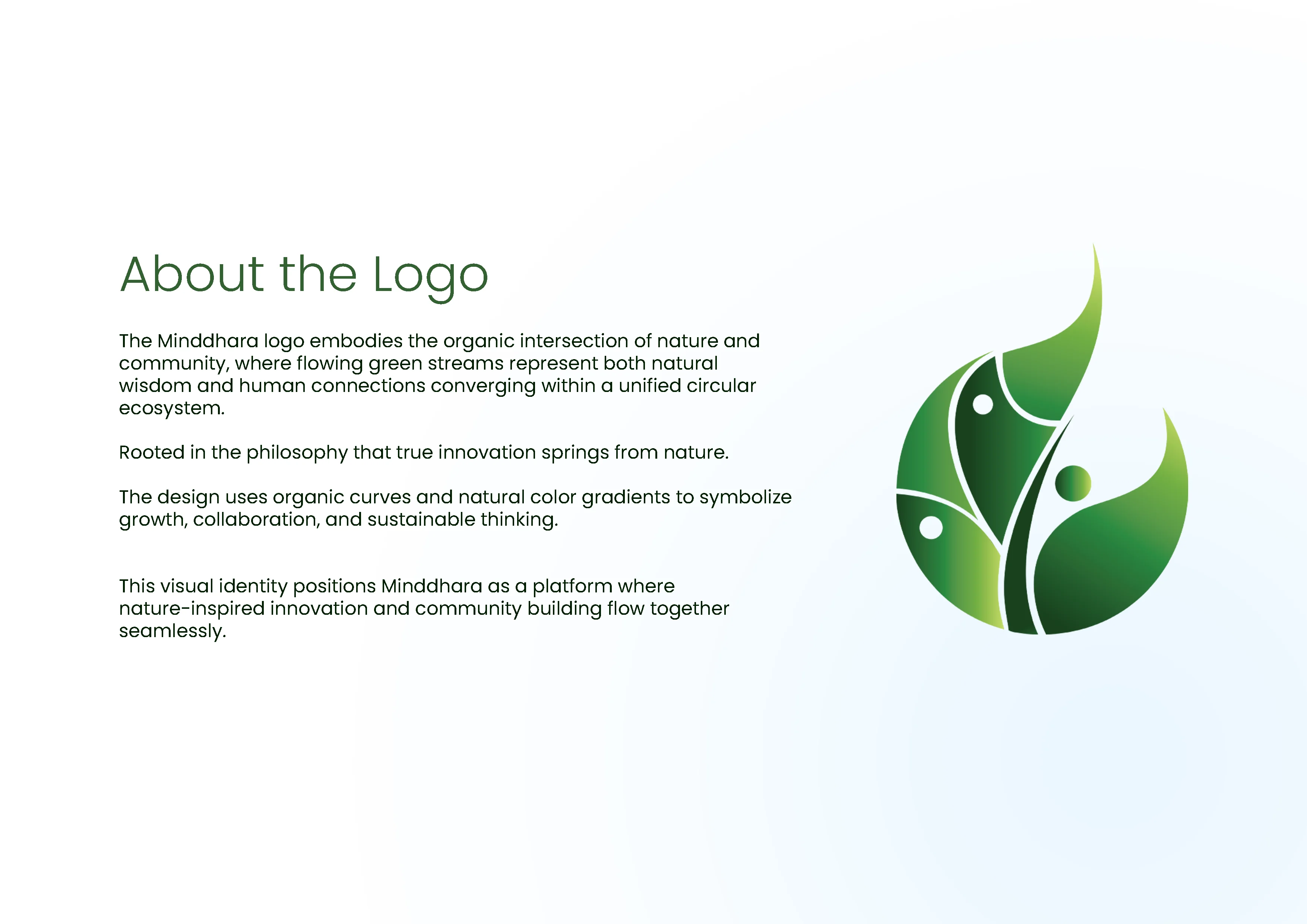 About the Logo slide showing the MindDhara icon close-up with rationale text explaining the organic intersection of nature and community in the mark's design
