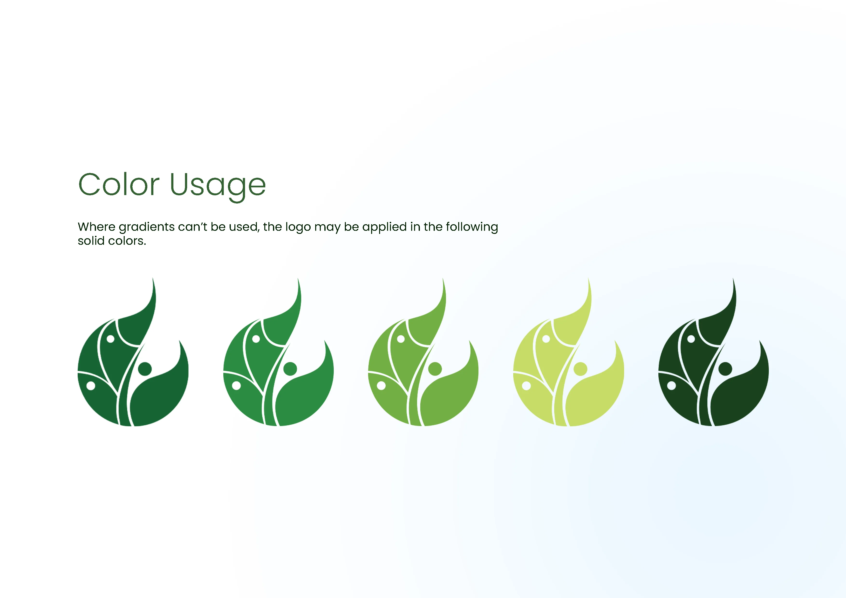 Five solid colour variants of the MindDhara icon arranged in a row, showing the mark applied in each palette tone from deep forest green to light lime