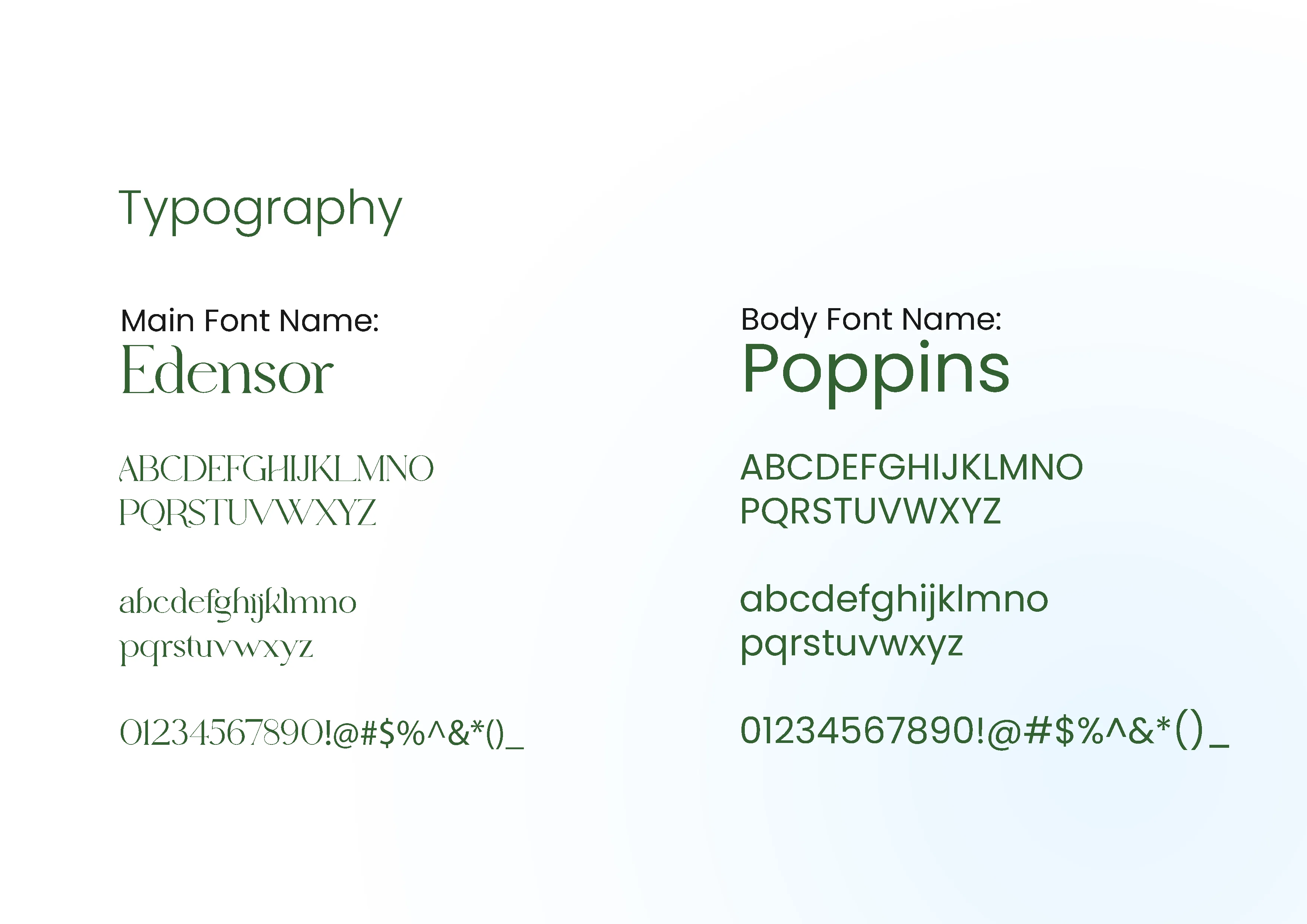 Typography specimen showing Edensor as the main serif font and Poppins as the body font, with full character sets for both in forest green