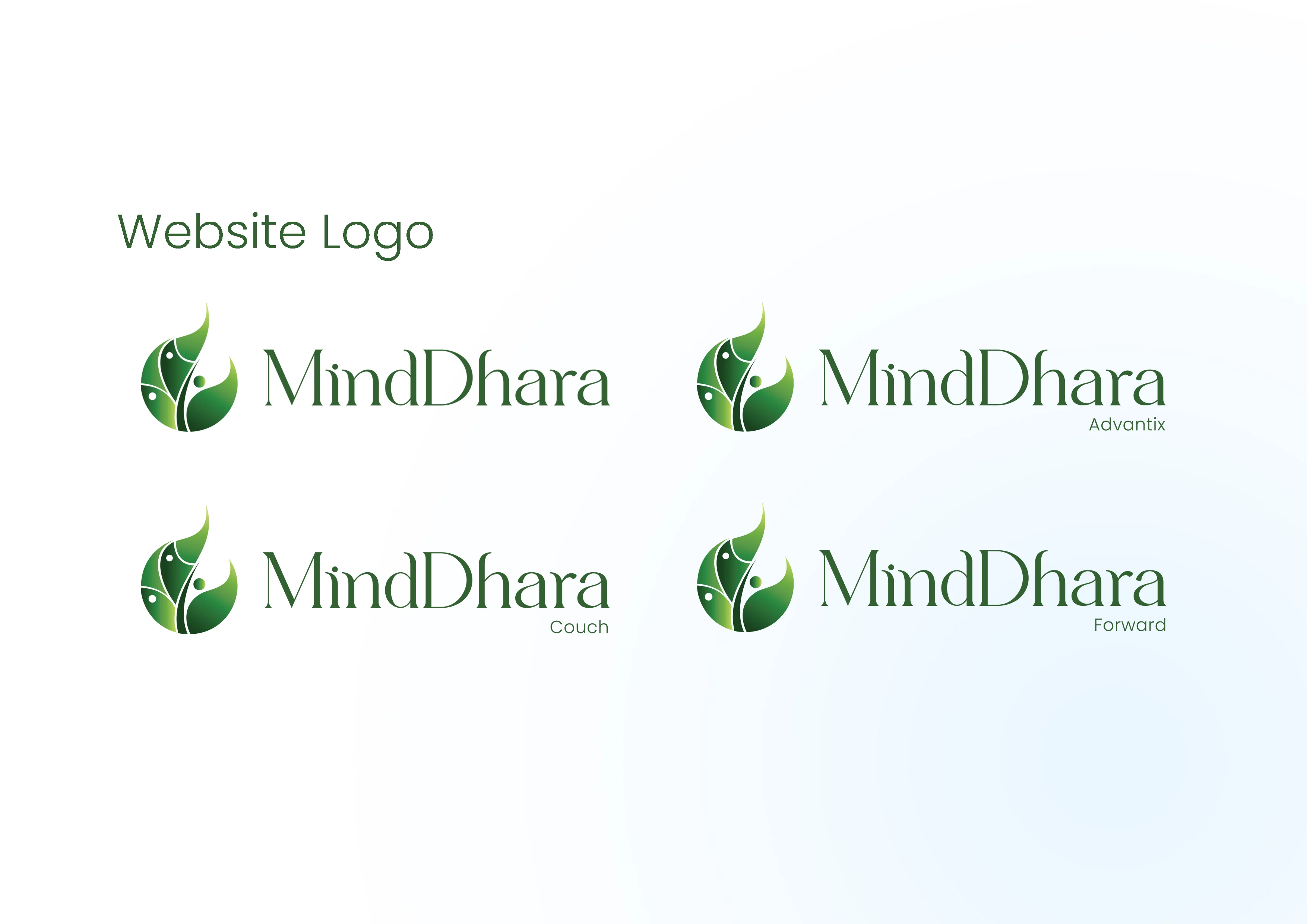 Website logo lockups showing all four MindDhara brands in horizontal format — the parent brand plus Advantix, Couch, and Forward — with icon and wordmark side by side