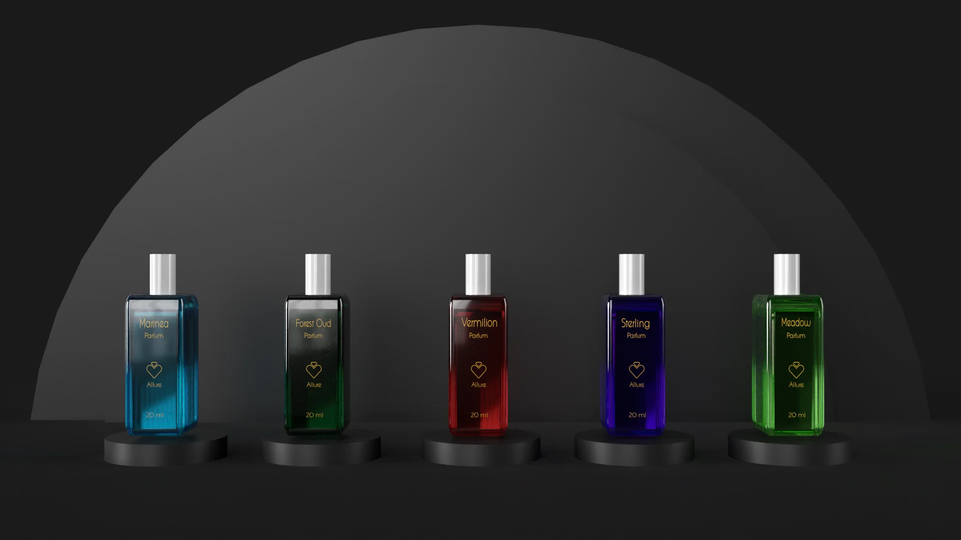 Five 20ml Allure parfum bottles in a row on pedestal stands — Marinea in teal, Forest Oud in dark green, Vermilion in red, Sterling in cobalt, Meadow in bright green