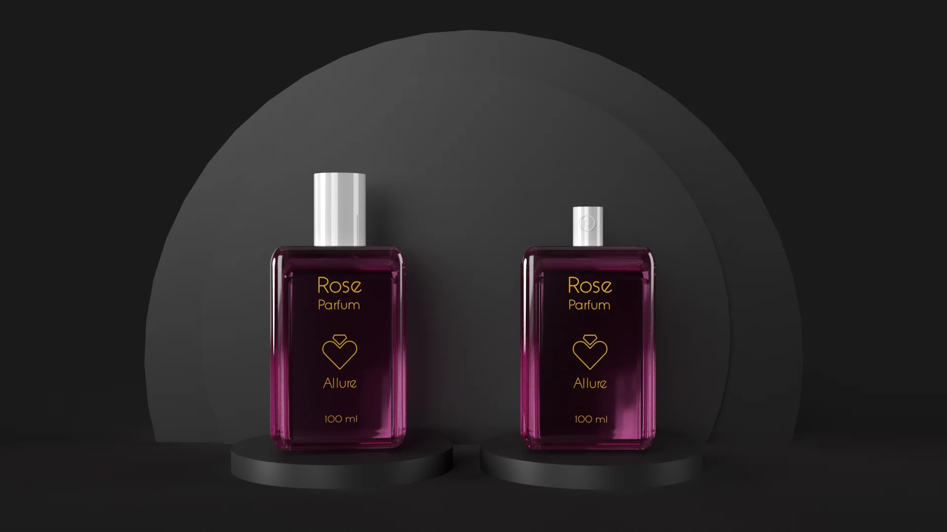 Two Rose parfum 100ml bottles in deep rose-burgundy glass, front and back visible, on pedestal stands against concentric arc background