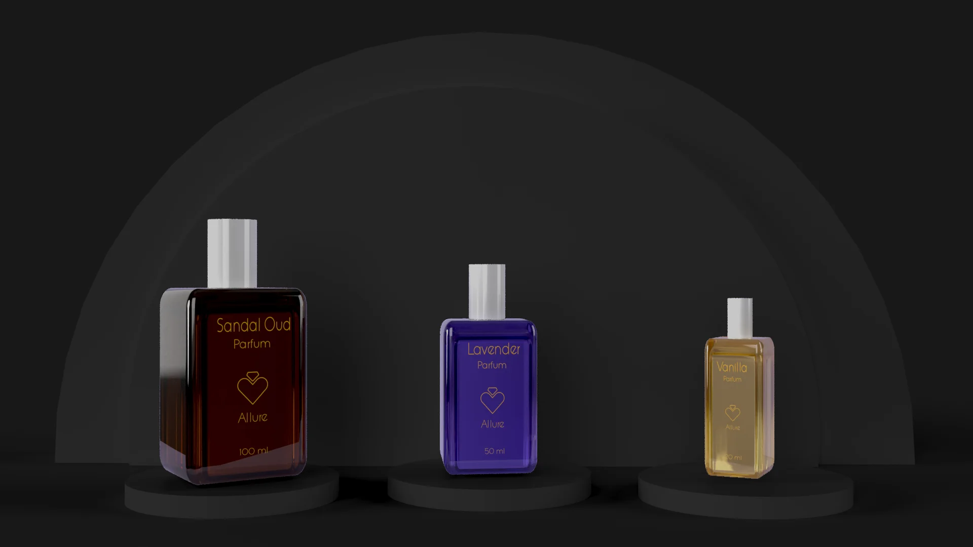 Three Allure parfum bottles at different sizes — Sandal Oud in amber at 100ml, Lavender in purple at 50ml, Vanilla in gold-yellow at smaller scale — showing the label system across formats