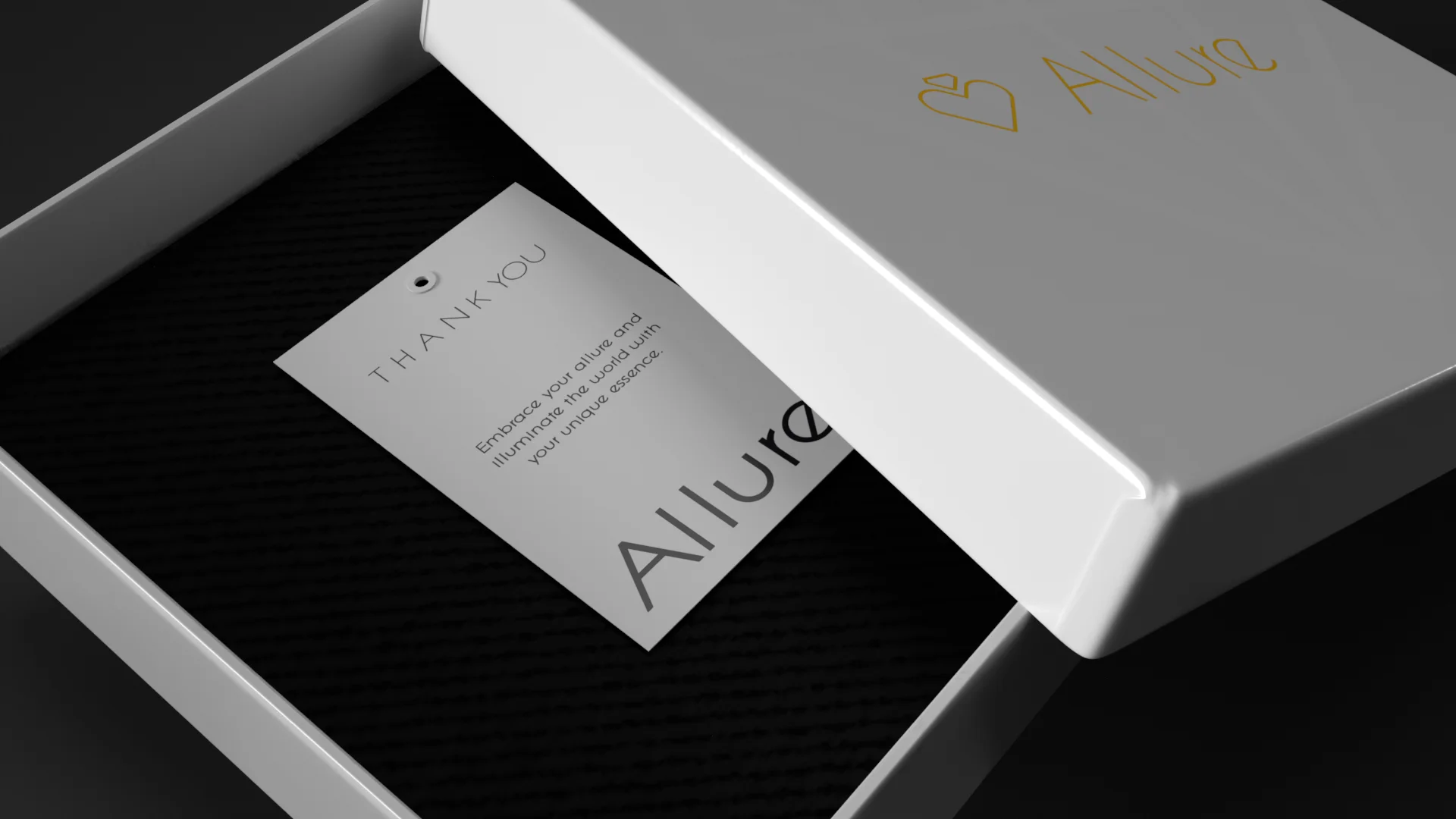 Close-up of open Allure gift box showing white thank you card with brand copy set at a diagonal angle inside black-lined interior, gold Allure mark visible on the underside of the white lid